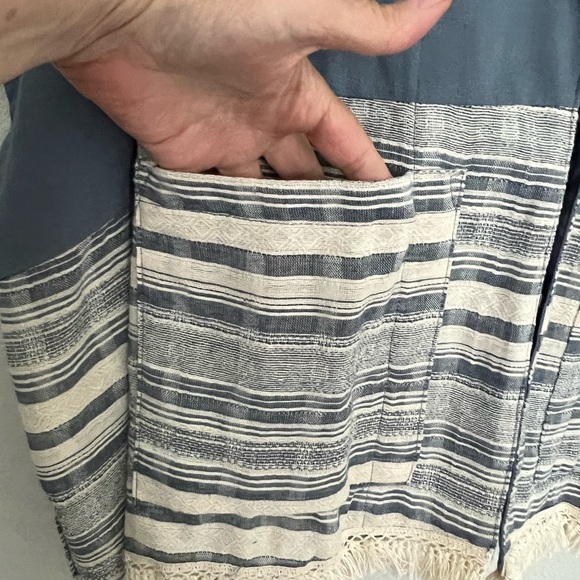 Umgee Boho Blue Kimono Wide Stripe Bottom Natural Fringe Trim Lapel Cardigan M/L - Picture 3 of 8